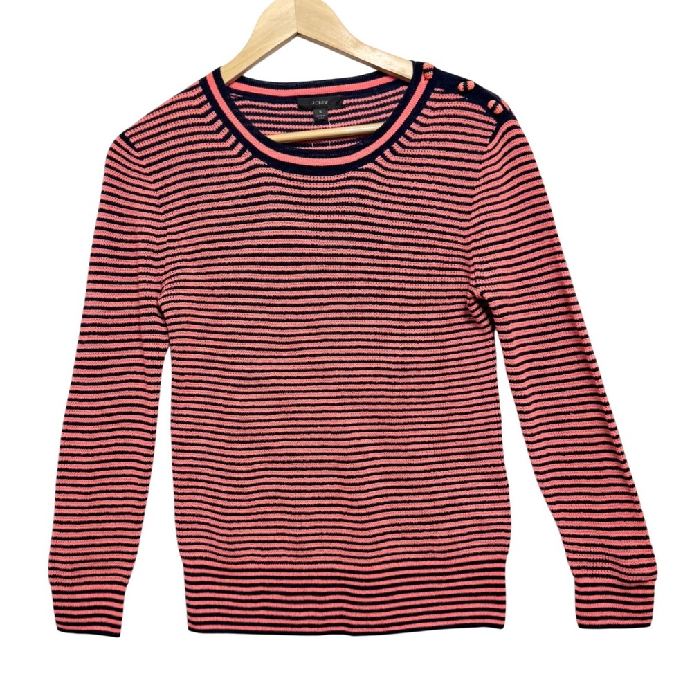 New J‎ Crew Striped Merino Wool Sweater Button Shoulder Coral Navy Blue Size S